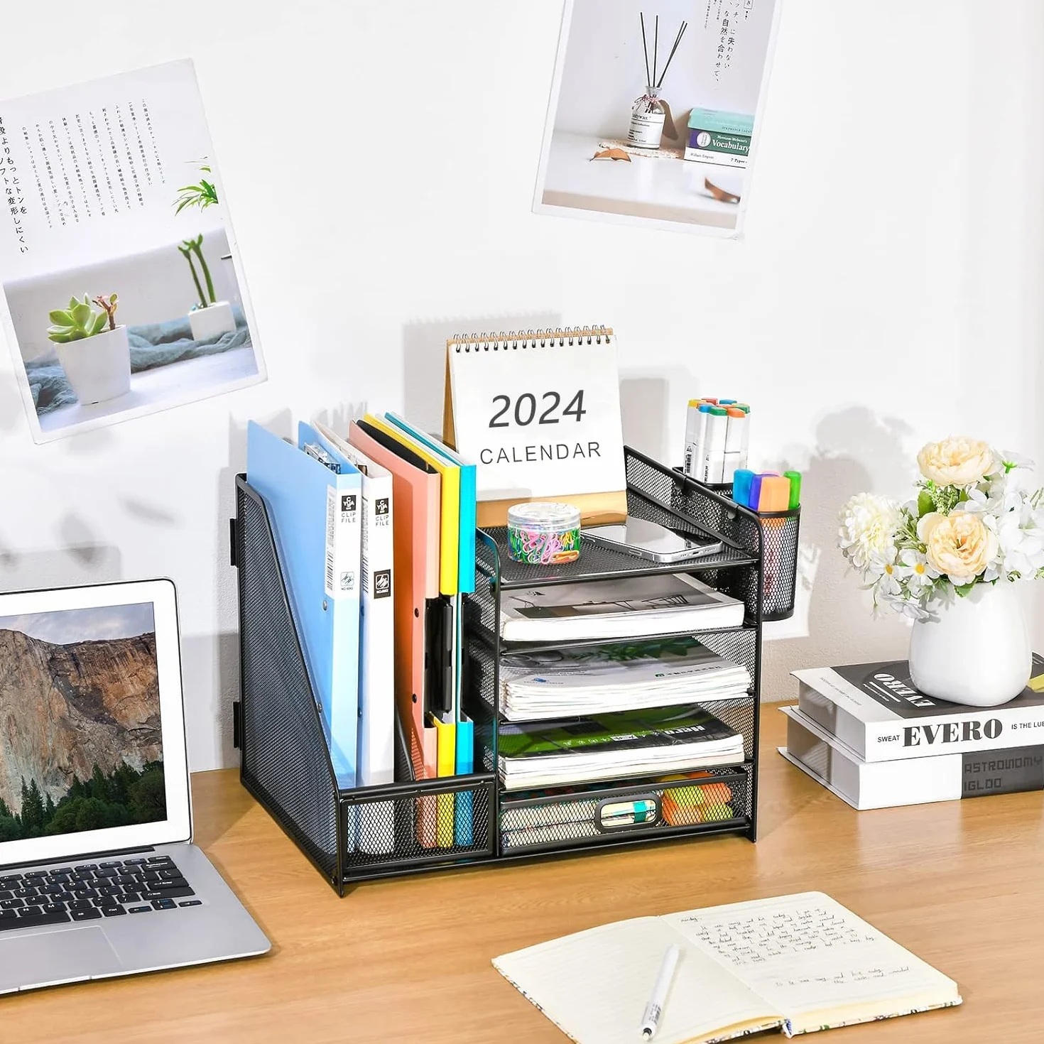 Marbrasse Organisateur de Bureau 5-Niveaux Porte-Lettres Rangement Maille Noir avec Tiroir Porte-Stylos