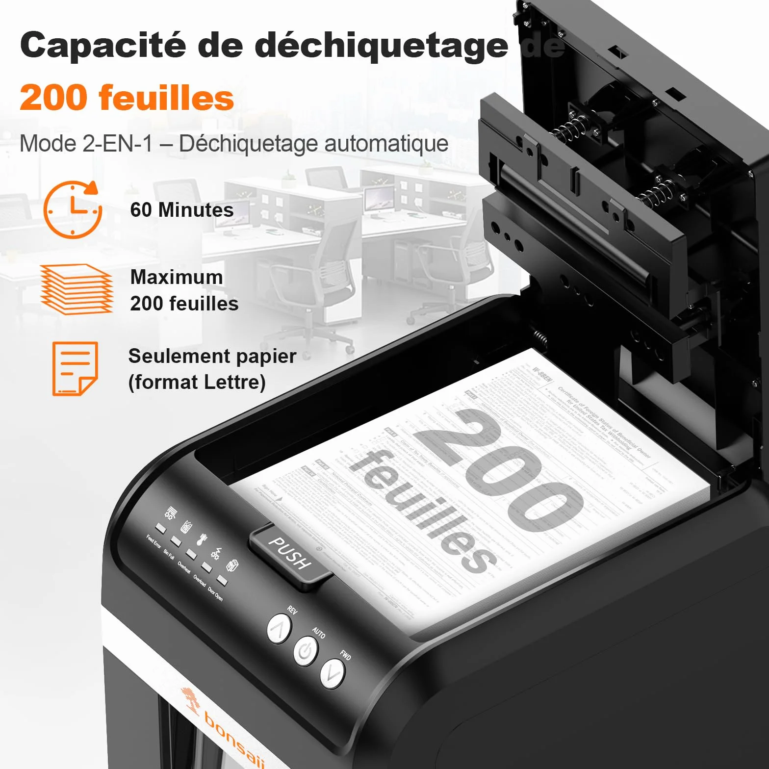 Bonsaii Destructeur de Documents Auto Feed 200 Feuilles, Micro-Coupe P-4, Bac 31L, Silencieux