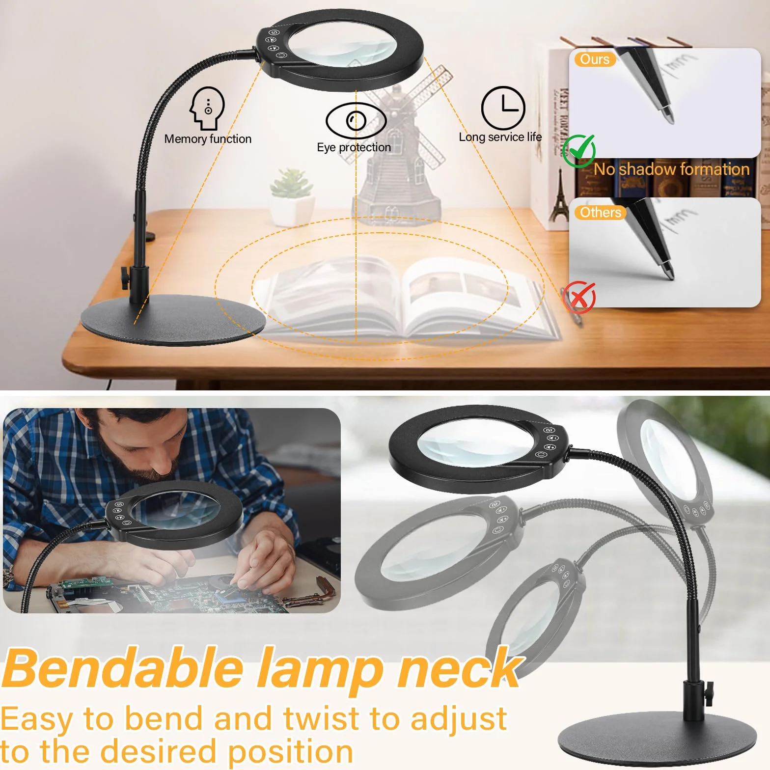 Lampe Loupe sur Pied 10X, 5 Modes de Couleur, Loupe Éclairée à Intensité Variable avec Support