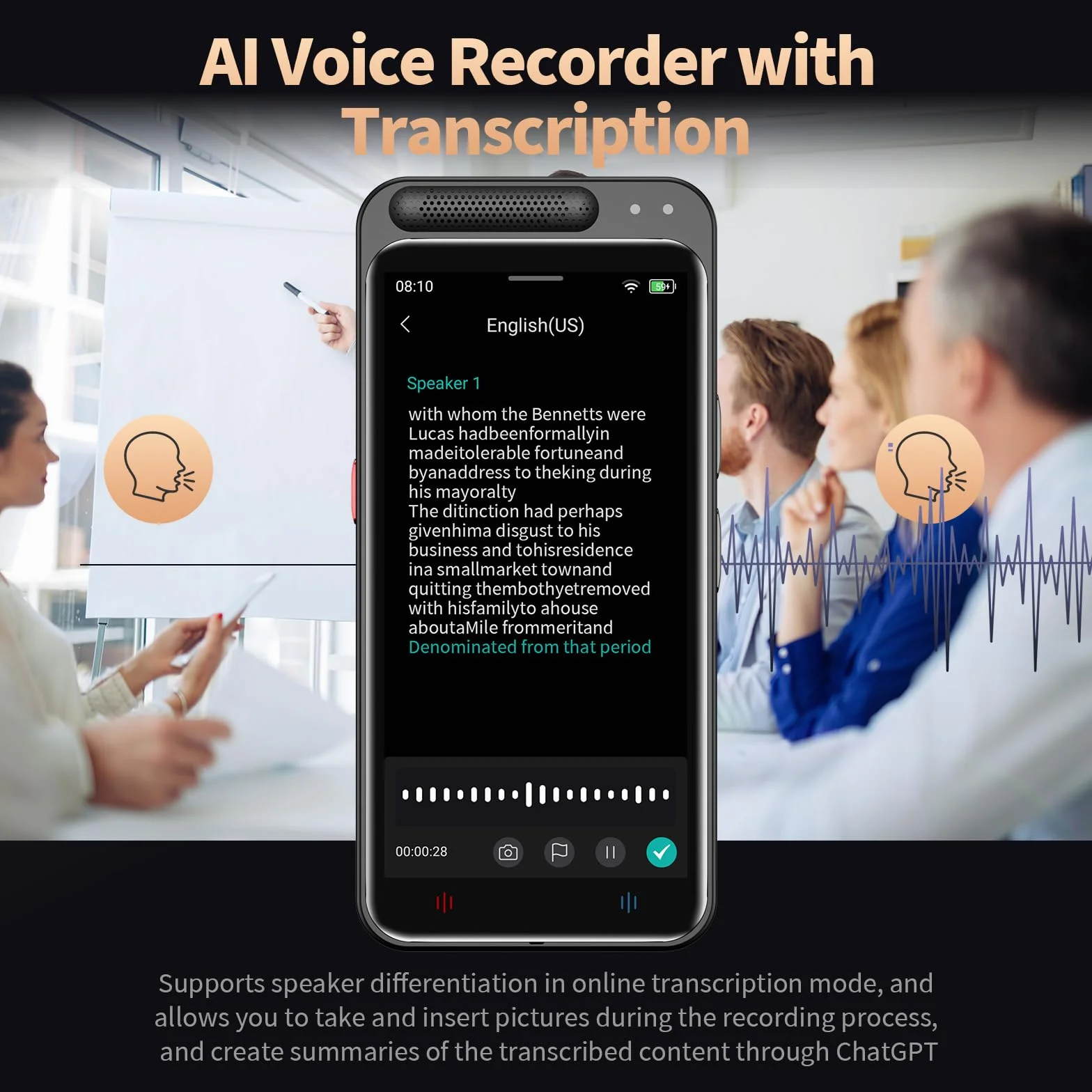Note AI Dictaphone Numérique avec Transcription Gratuite, Résumé, Traduction en Ligne Hors Ligne, 134 Langues, Enregistreur AI pour Conférences
