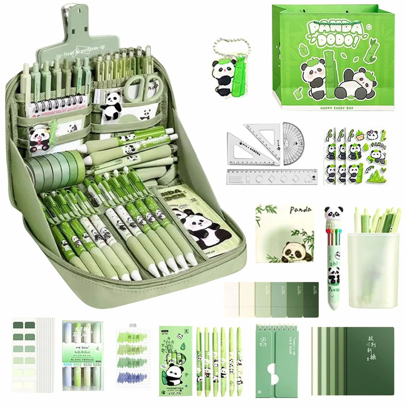 Ensemble de fournitures scolaires panda, kit papeterie avec carnet, trousse, règle, stylos et autocollants