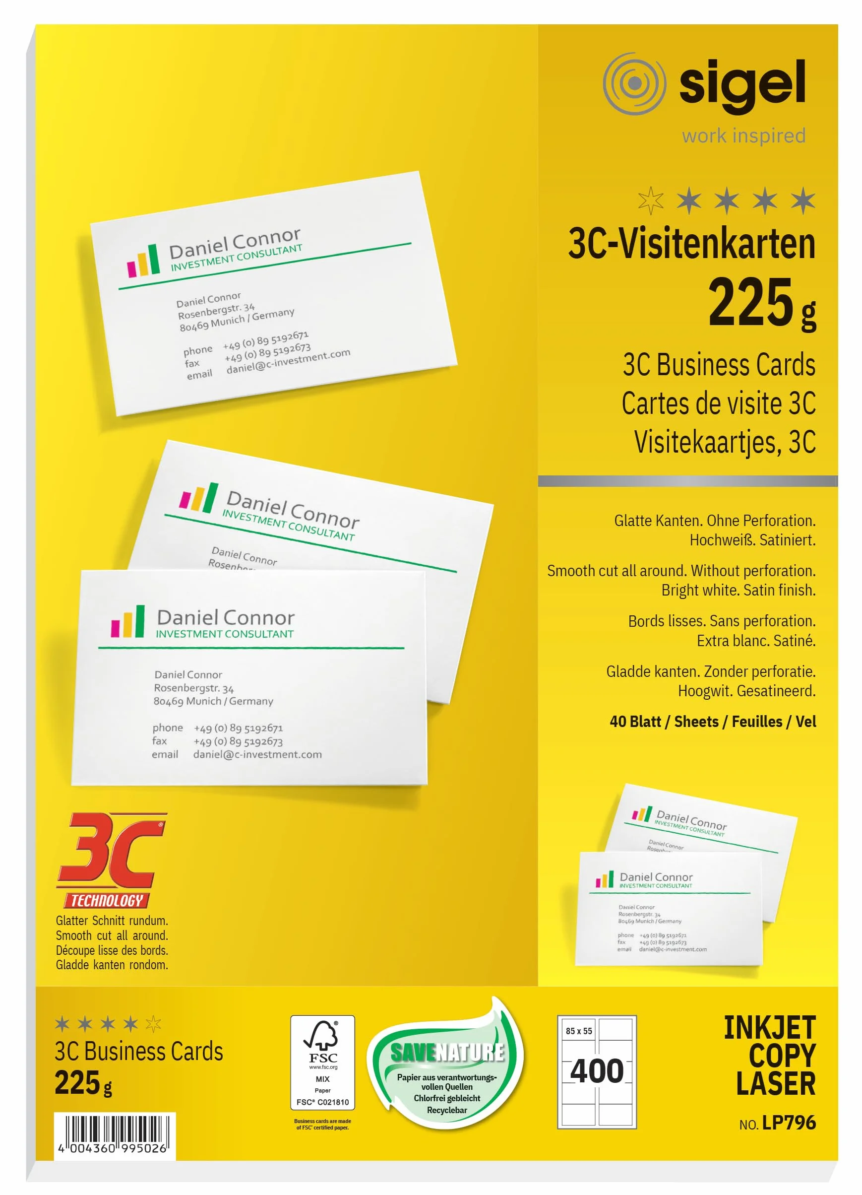 SIGEL Lp796 Cartes de Visite Imprimables 3C 8,5 x 5,5 cm 225 G Lot de 400