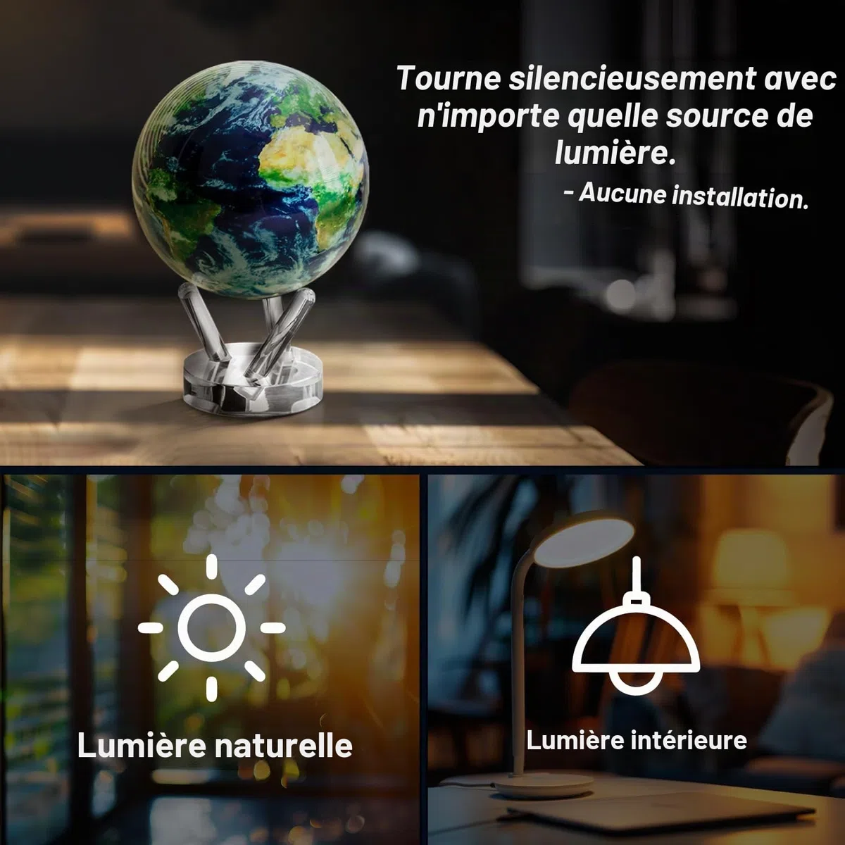 Globe MOVA Terre avec Nuages – 11,5 cm, Globe Auto-Rotatif avec Lumière | Mouvement Silencieux, Sans Piles ni Câbles | Décoration Unique de Bureau ou Cadeau pour Passionnés de l’Espace