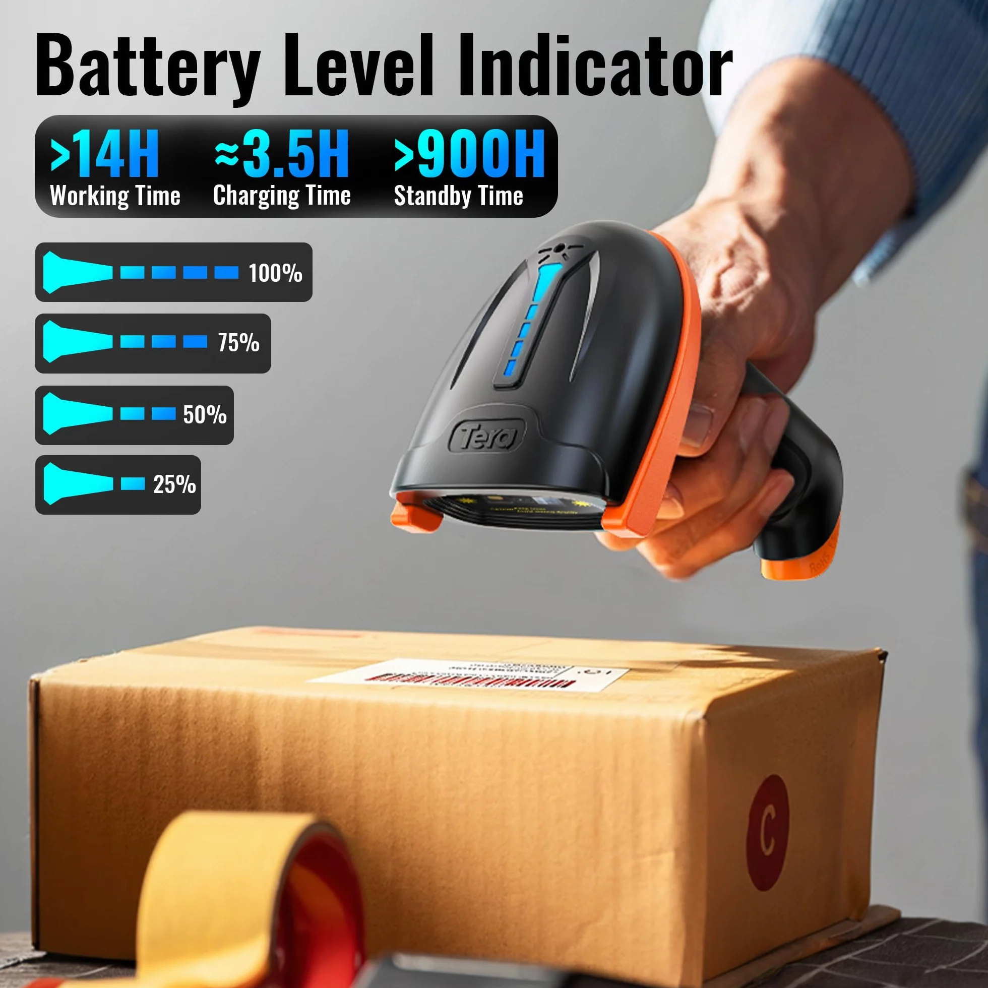 Tera Lecteur de Codes-Barres sans Fil 2,4 GHz Filaire USB 2.0 Douchette 1D Rechargeable Modèle 5100
