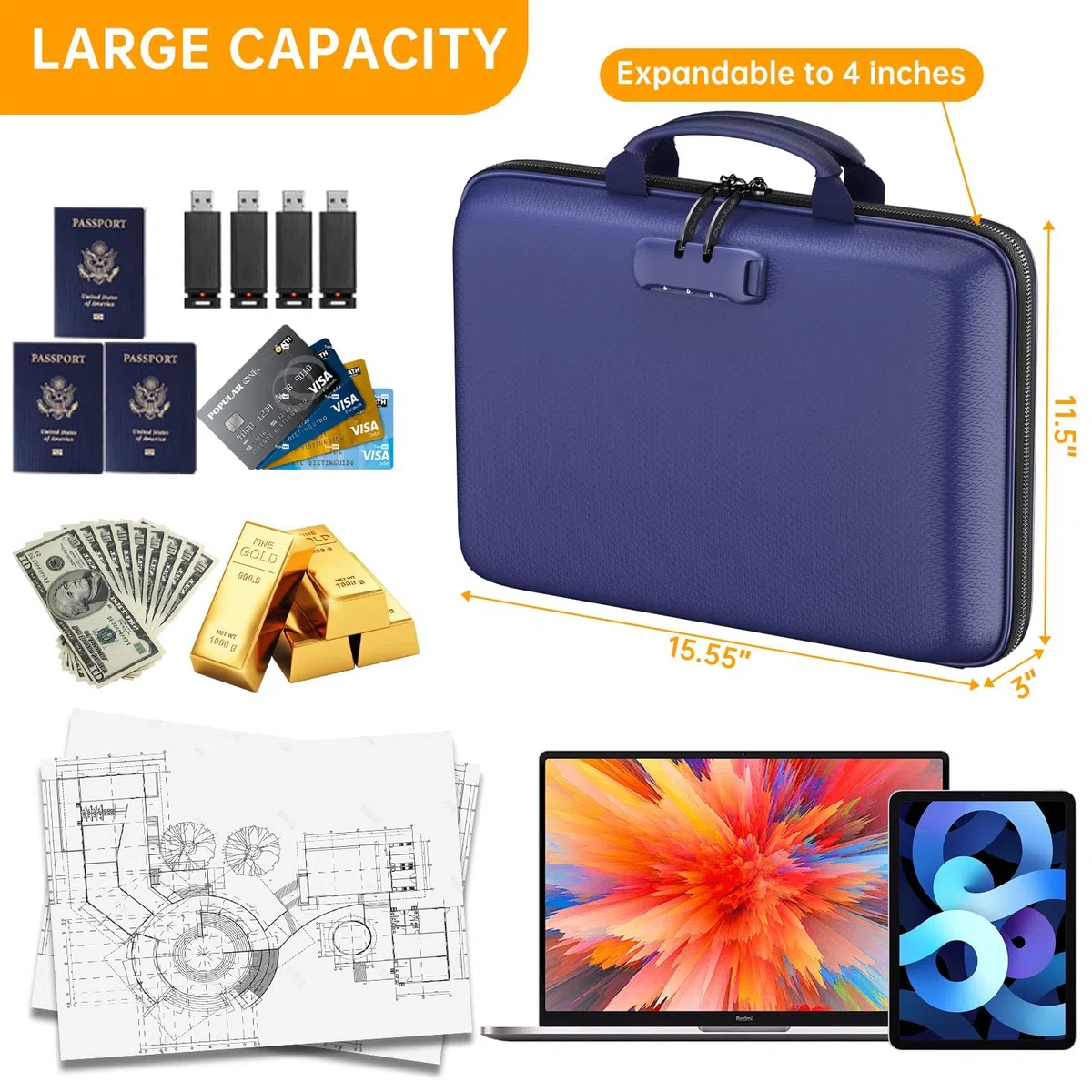 DocSafe Organiseur de fichiers ignifuge avec serrure, boîte à documents à coque rigide, classeur à 13 poches extensibles, organisateur de documents portable et imperméable, classeur de classement pour
