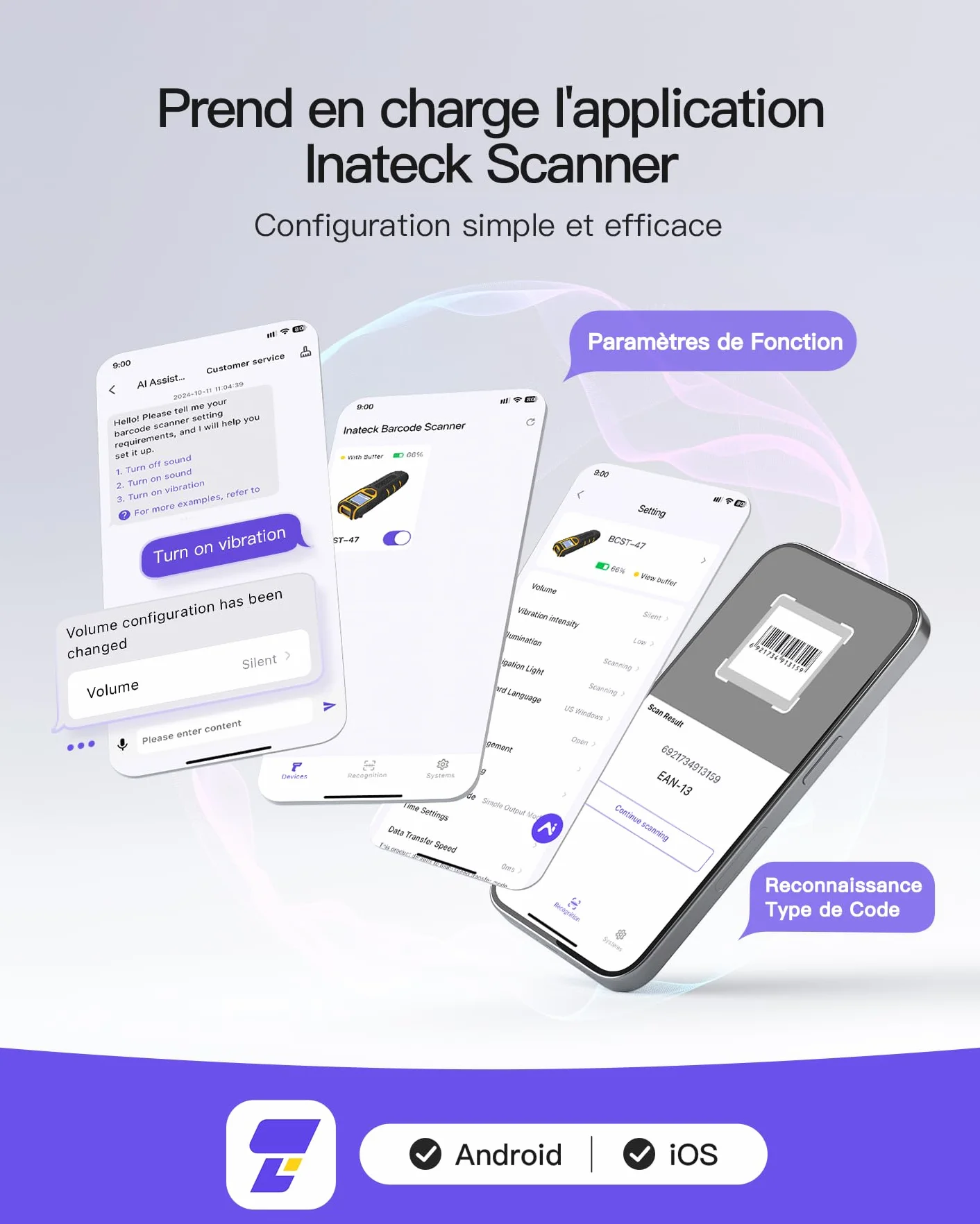 Inateck Lecteur Code Barre sans Fil 2D, Bluetooth QR, 2600 mAh, BCST-47