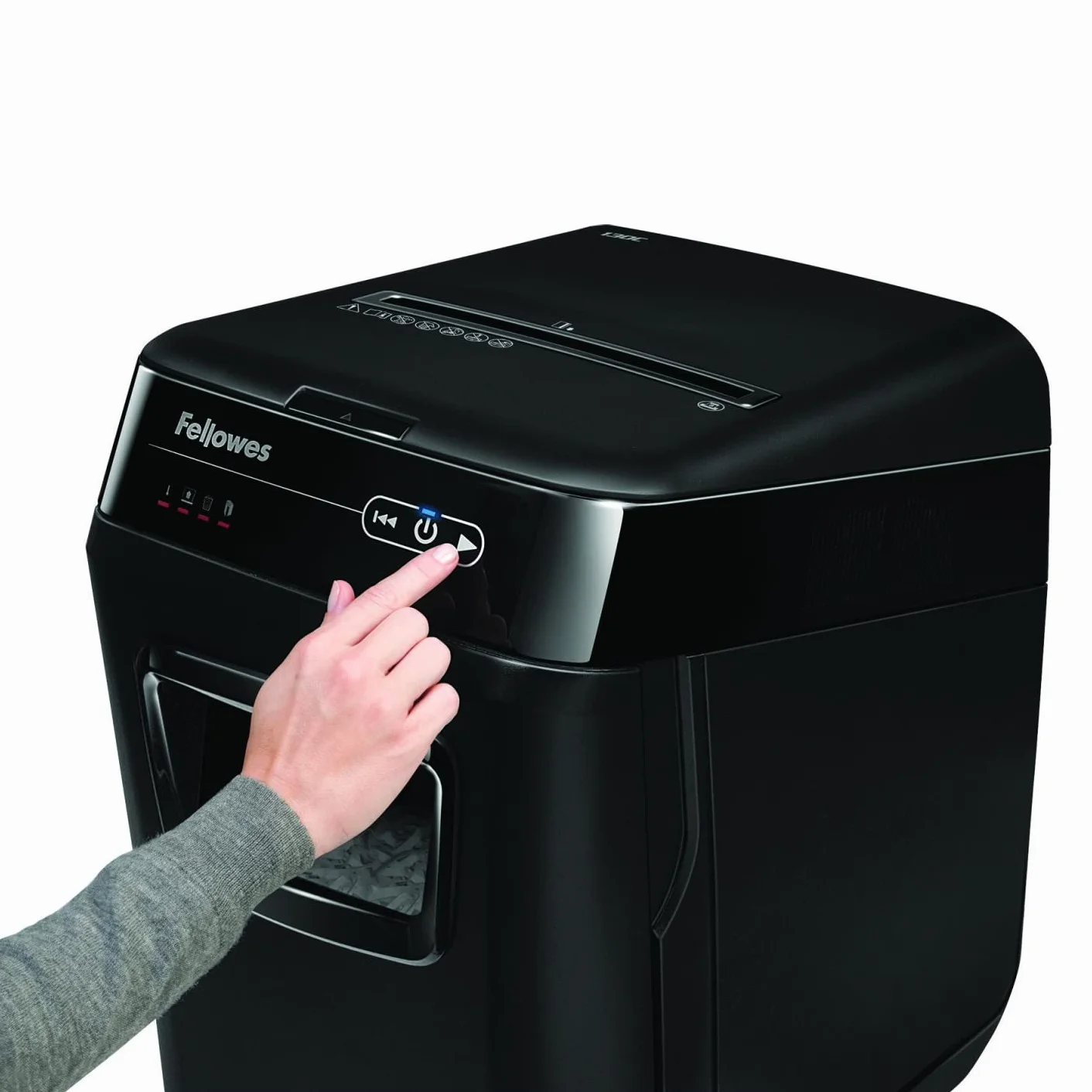 Fellowes Destructeur de Documents Automatique AutoMax 150C, Coupe Croisée, Sécurité DIN P-4, 150 Feuilles, Corbeille 32L, Professionnel, Auto Reverse, Silencieux, Mise en Veille Automatique, 4680101