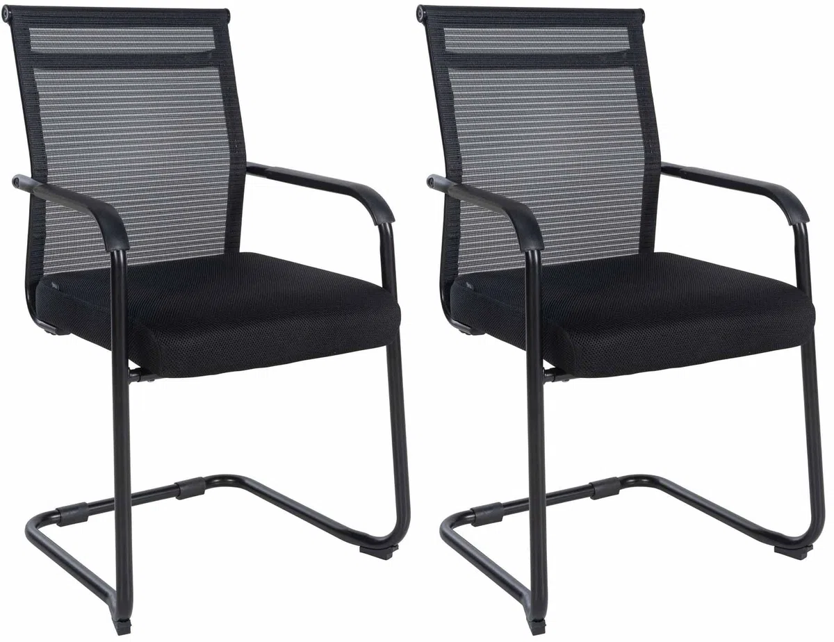 CLP Lot de 2 chaises Visiteur Denny avec Rembourrage et résille I Piétement Luge avec Structure métallique et accoudoirs, Couleur:Noir