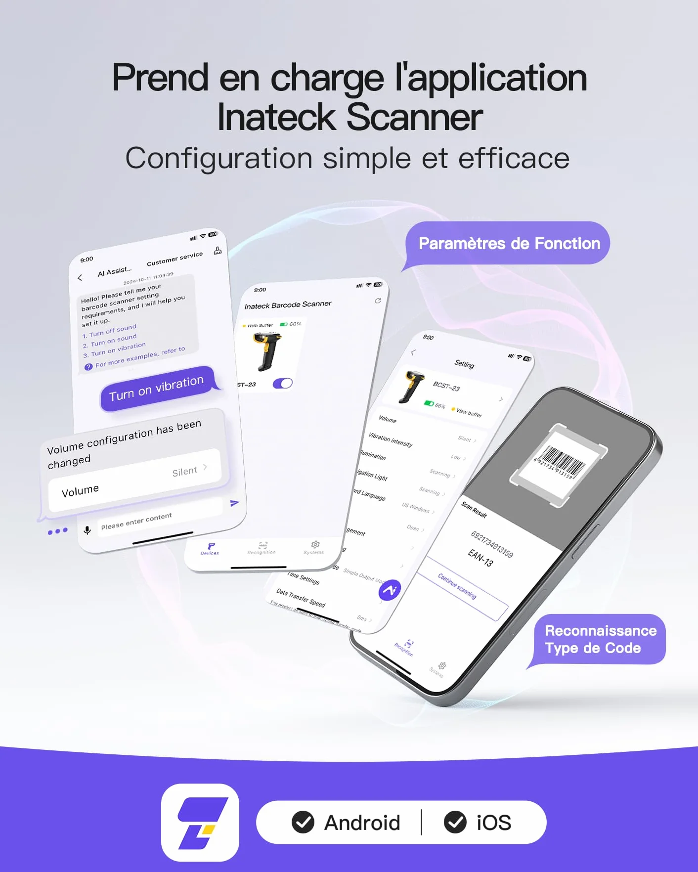 Inateck Lecteur Code Barre sans Fil 1D 2D QR, Douchette 3 en 1 Bluetooth 2,4 GHz USB, 2600 mAh, BCST-23