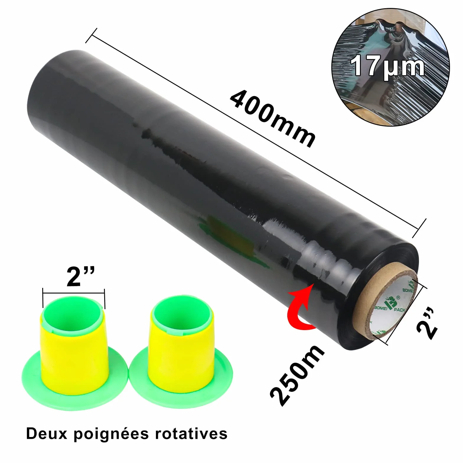 BOMEI PACK Film étirable déménagement 250m x 400mm x 17µm 4 rouleaux avec poignée