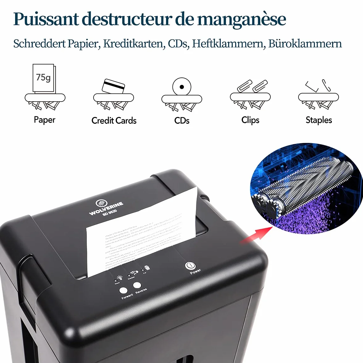 WOLVERINE SD9520 Destructeur Haute sécurité P5 15 Feuilles Super Micro-Coupe Papier Lourd CD Lame manganèse Ultra-silencieuse Noir