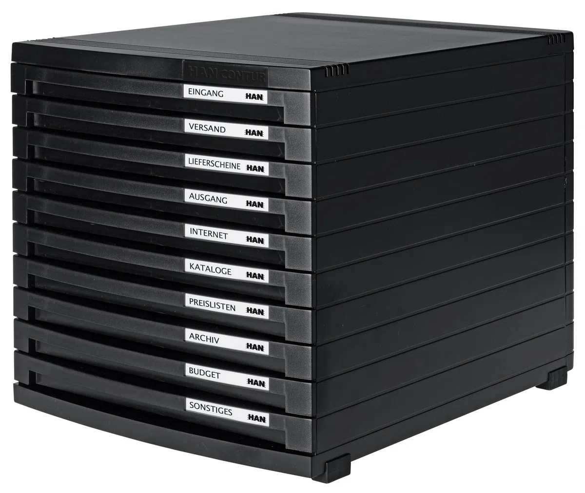 HAN Module à tiroirs CONTUR – système de classement moderne et modulaire, extensible, avec 10 tiroirs fermés pour documents jusqu´au format B4, noir, 1510-13