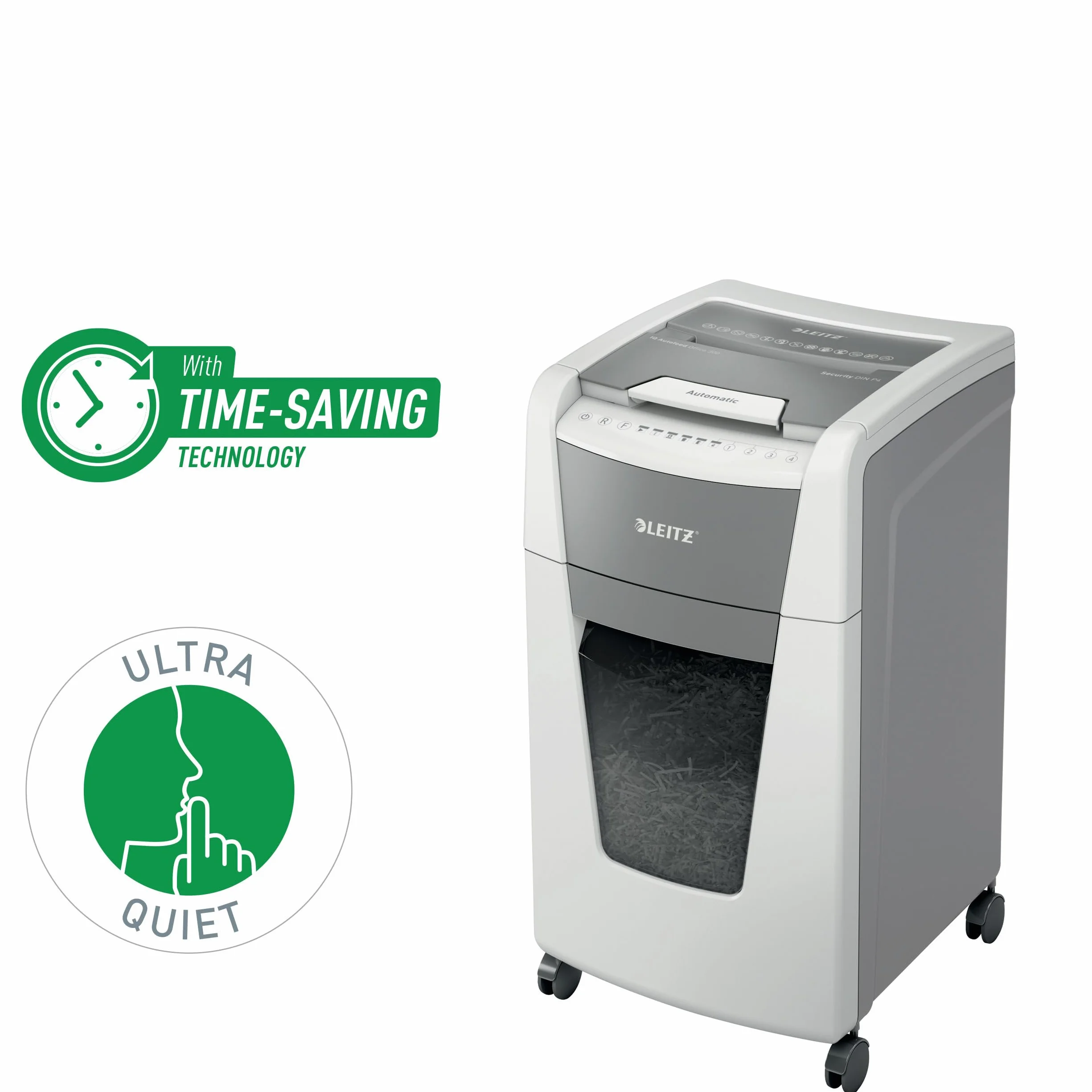 Leitz IQ 80150000 Destructeur de Documents Coupe Croisée Sécurité P4 Automatique 300 Feuilles 60 Litres Blanc