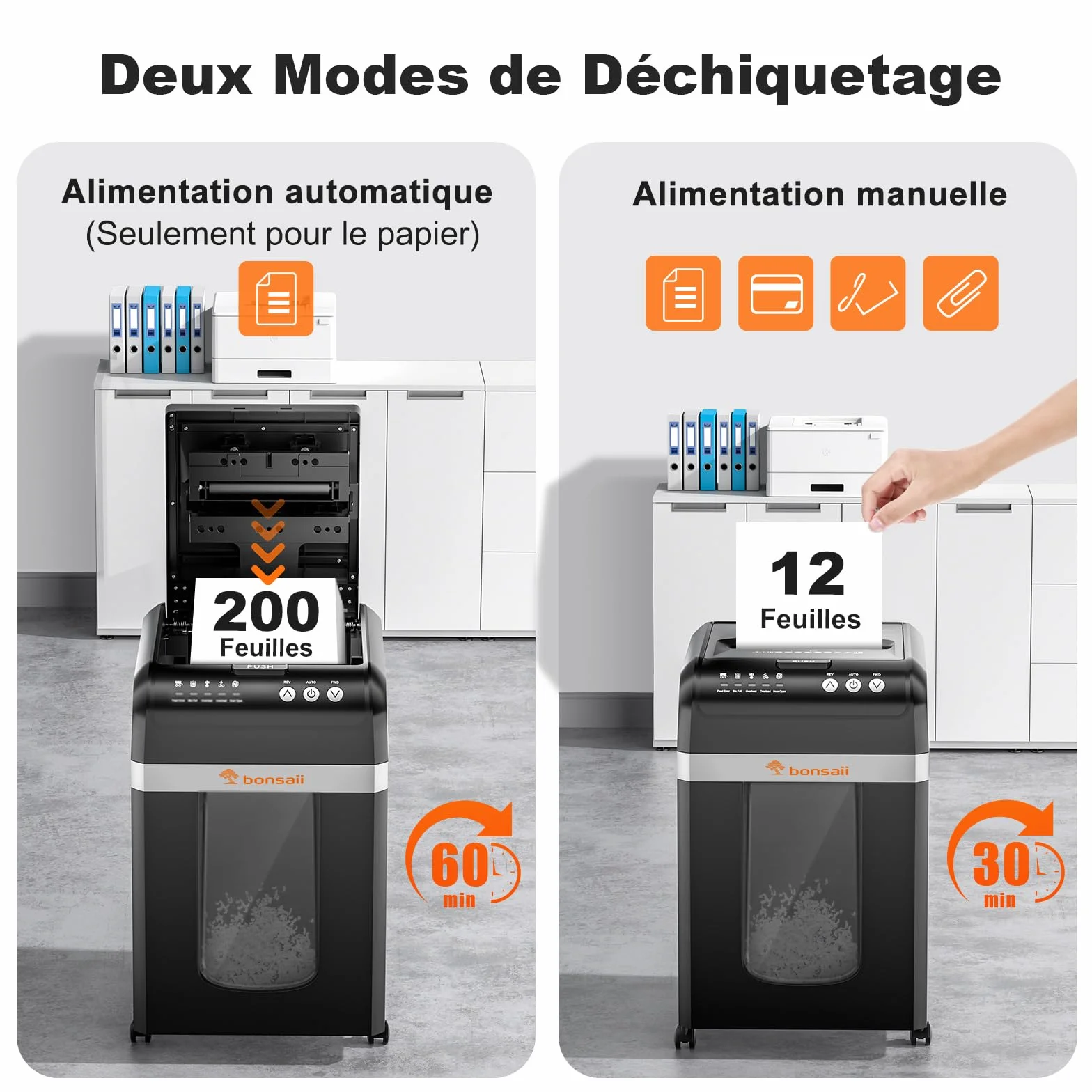 Bonsaii Destructeur de Documents Auto Feed 200 Feuilles, Micro-Coupe P-4, Bac 31L, Silencieux