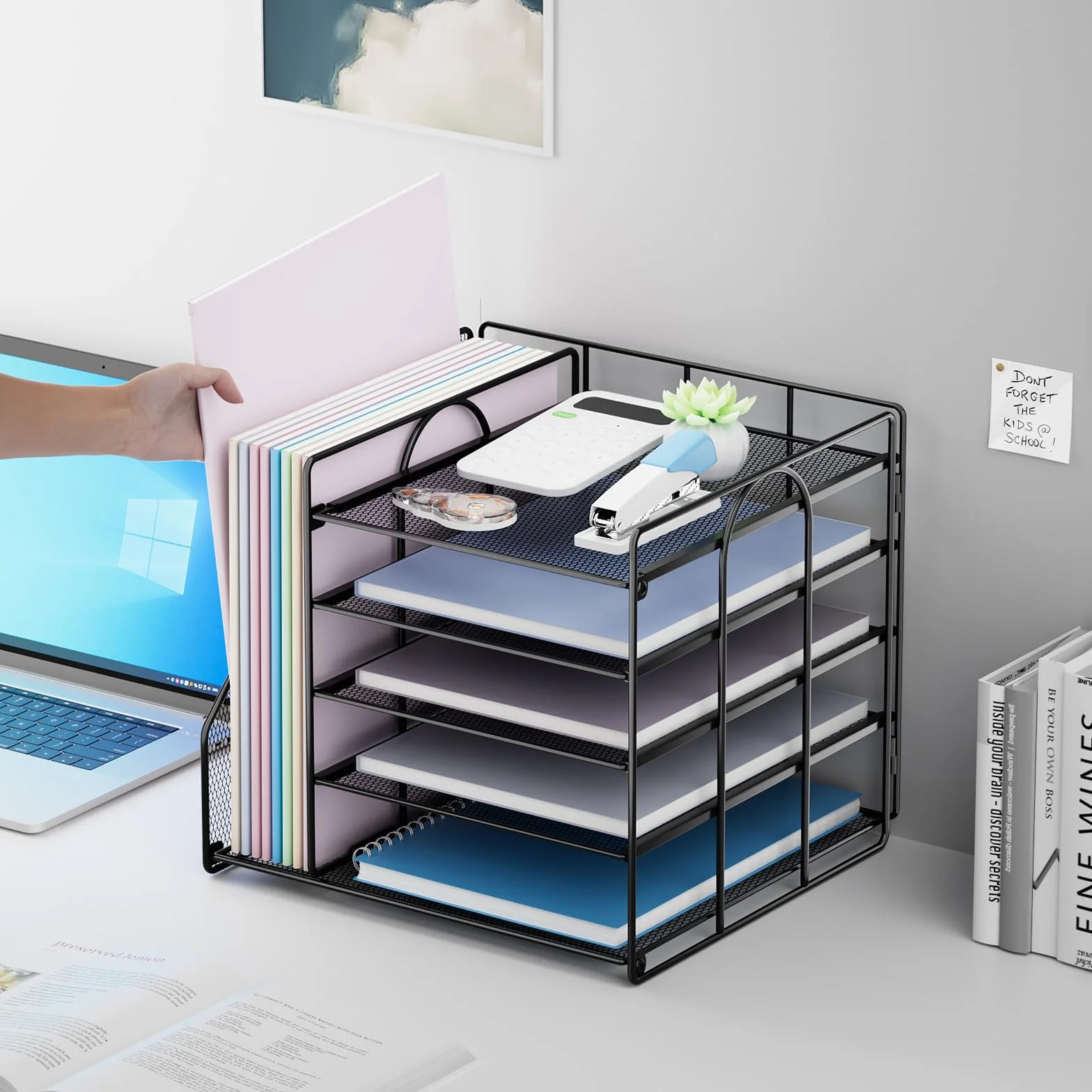 Organiseur de Bureau 5 Niveaux Rangement Documents Porte-Fichiers Corbeille Courrier Maille Métallique Noir
