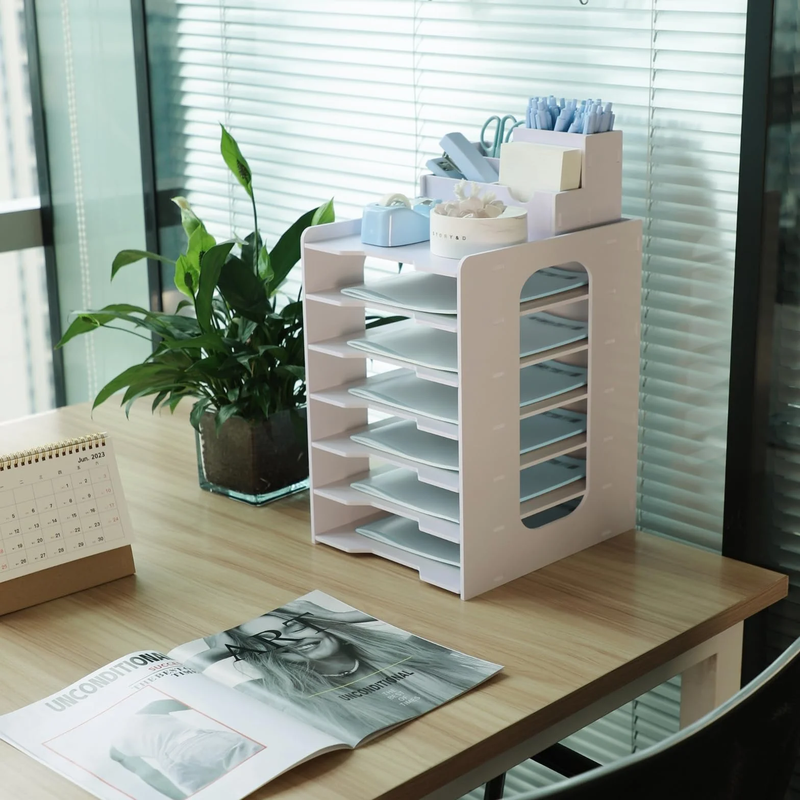 Bac à Courrier Empilable 7 Niveaux, Organisateur de Bureau A4 Bois Plastique Blanc