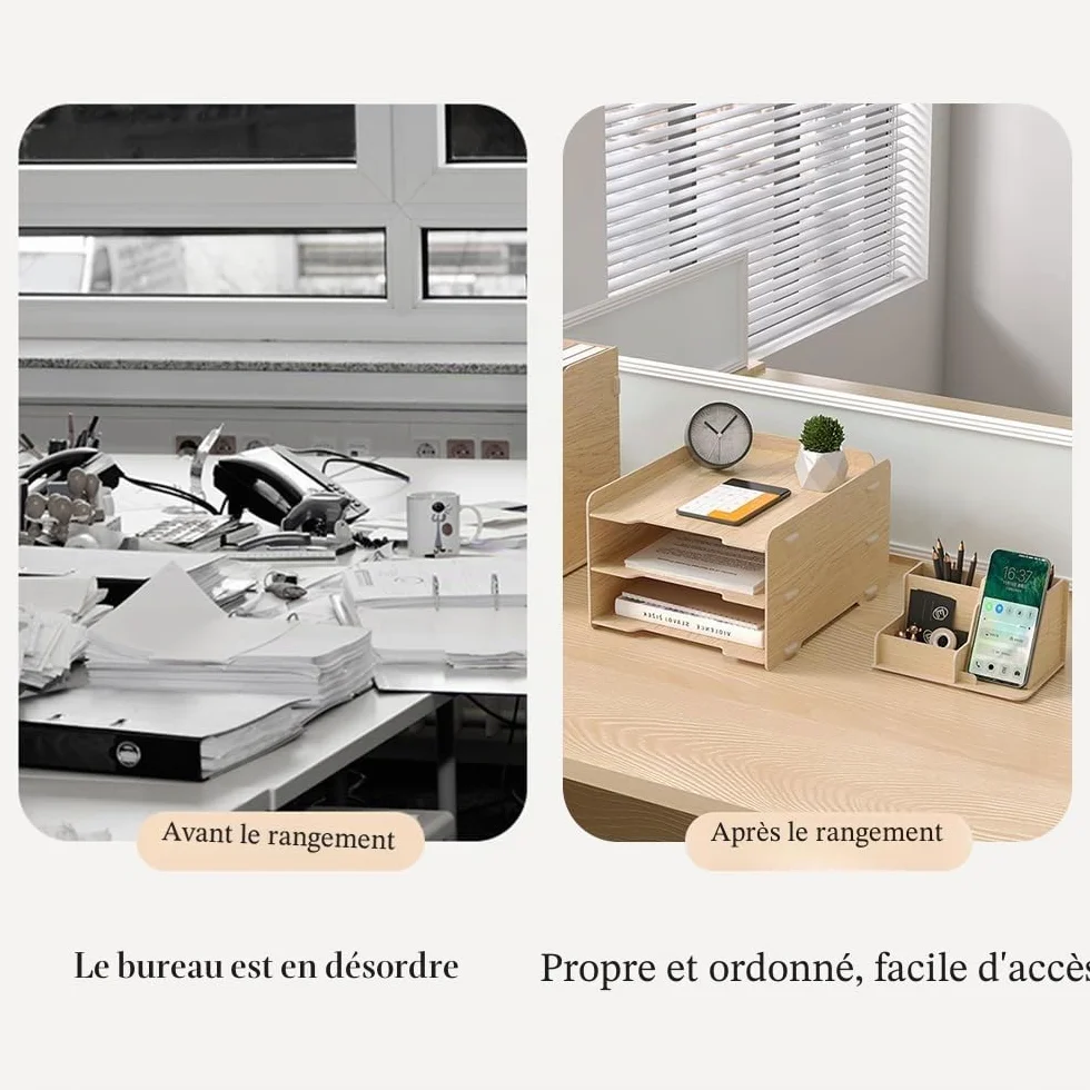 NUODWELL Ensemble de rangement de bureau en bois – Bac à courrier A4 3 niveaux, porte-documents, porte-stylos, organiseur de bureau (chêne)