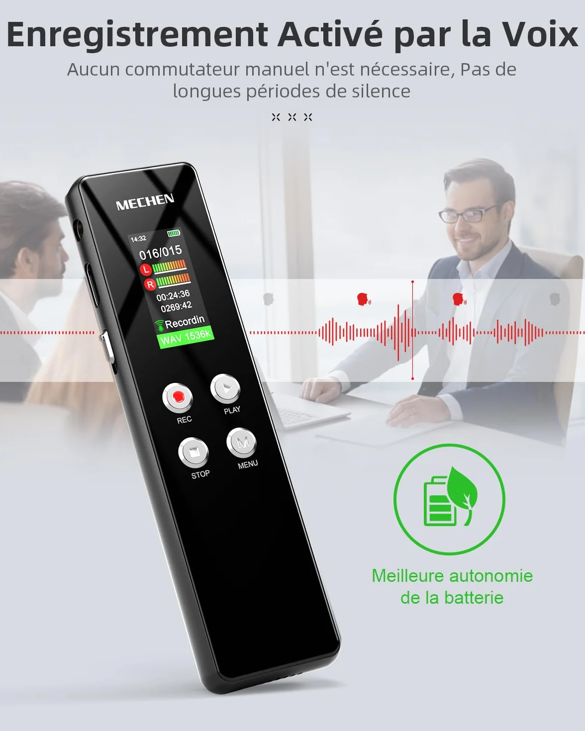 MECHEN V01 Dictaphone 128 Go enregistreur vocal VOX réduction bruit 300 mAh