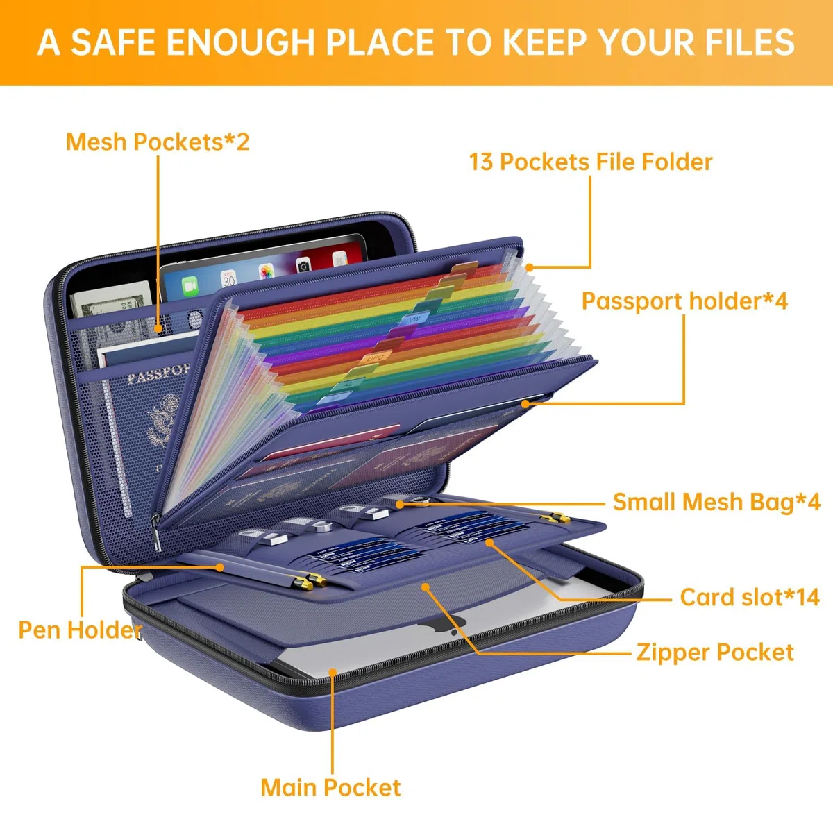 DocSafe Organiseur de fichiers ignifuge avec serrure, boîte à documents à coque rigide, classeur à 13 poches extensibles, organisateur de documents portable et imperméable, classeur de classement pour
