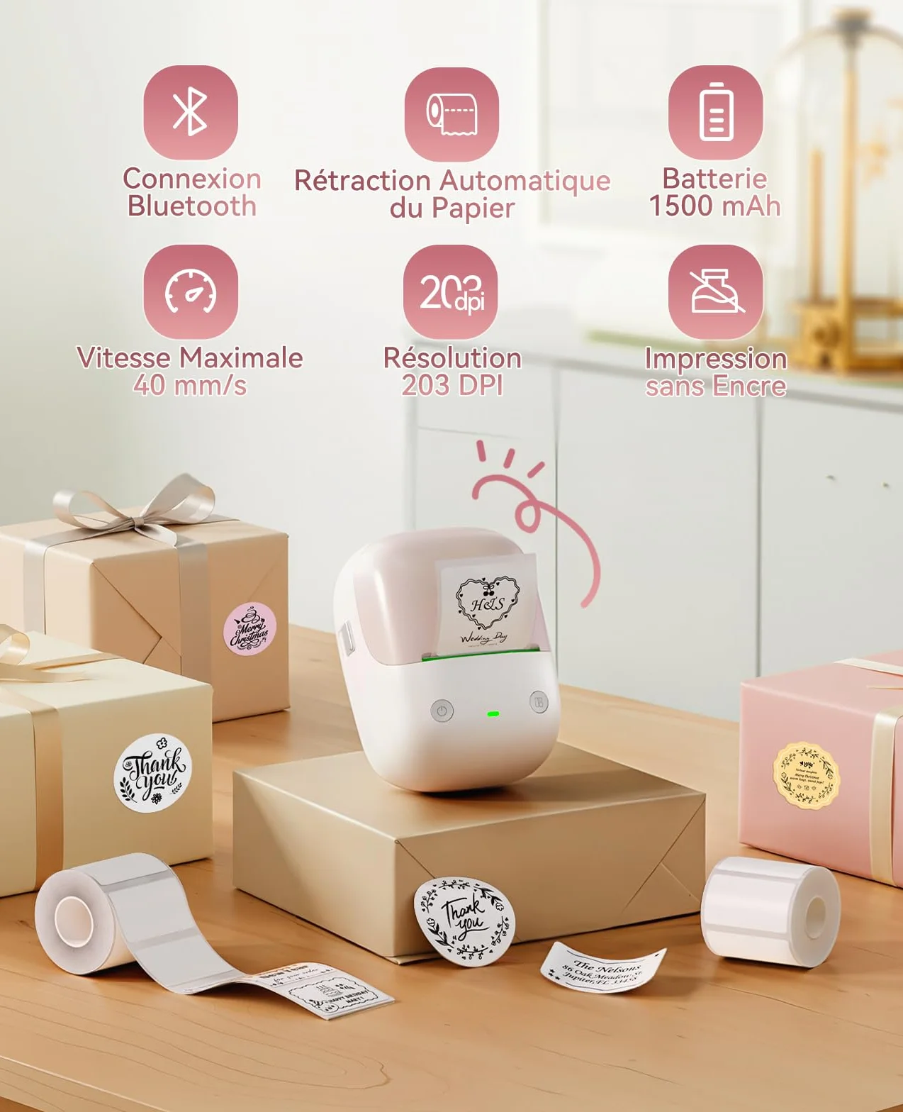NIIMBOT B2 Étiqueteuse Portable Thermique sans Encre, Impression Hors Ligne, 50x30mm, Beige Abricot