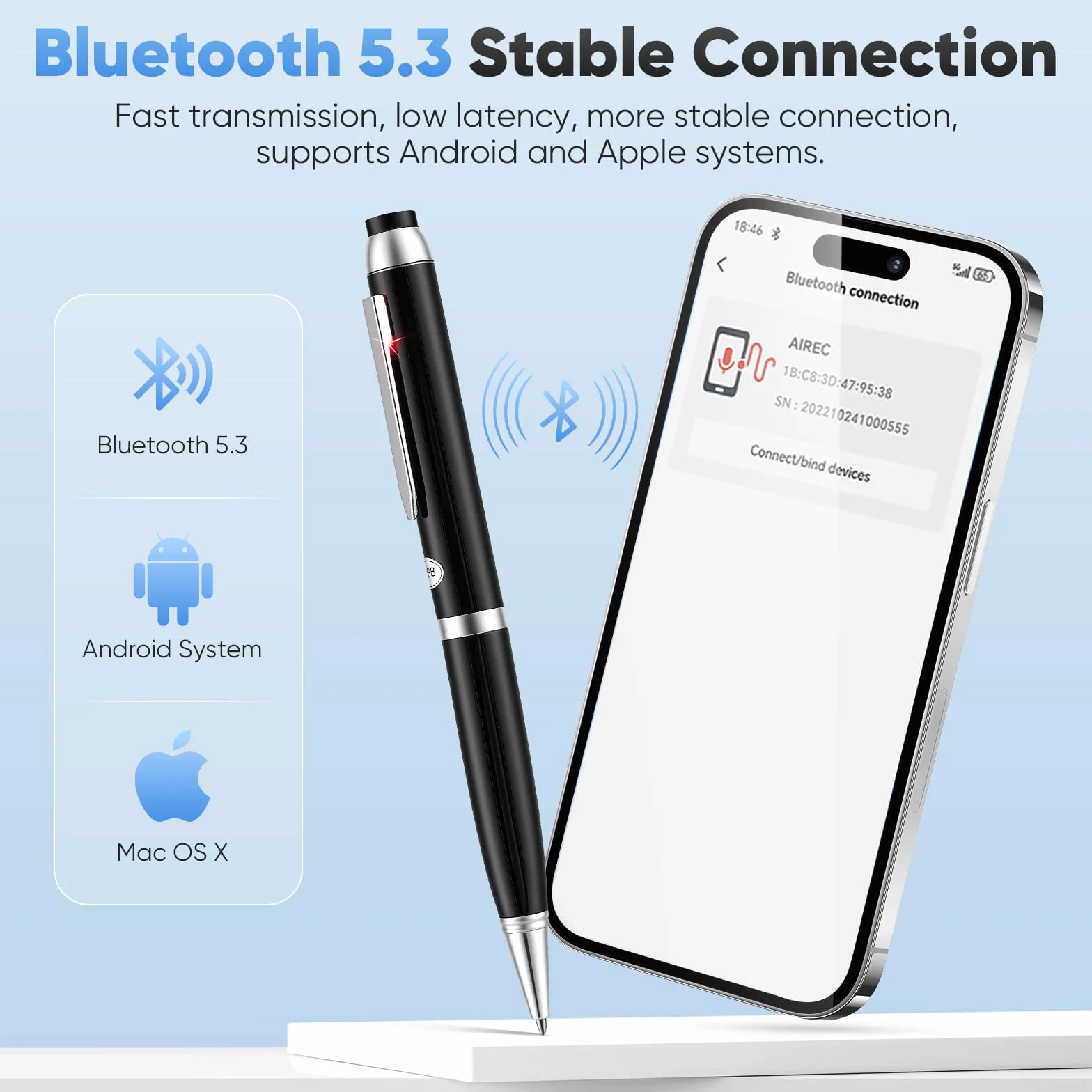 Stylo Enregistreur Vocal IA 64 Go, Transcription & Traduction en Temps Réel, Micro 360°, 10h Autonomie