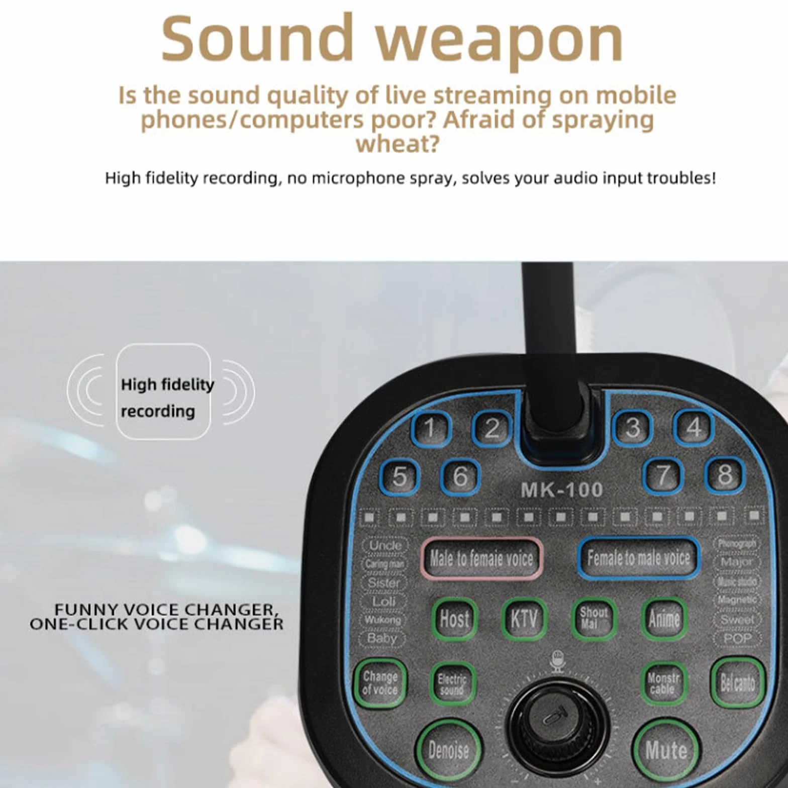 Morain Changeur de voix en temps réel 16 modes sonores micro Plug and Play 16 bits/48 kHz pour jeux mobiles streaming chat