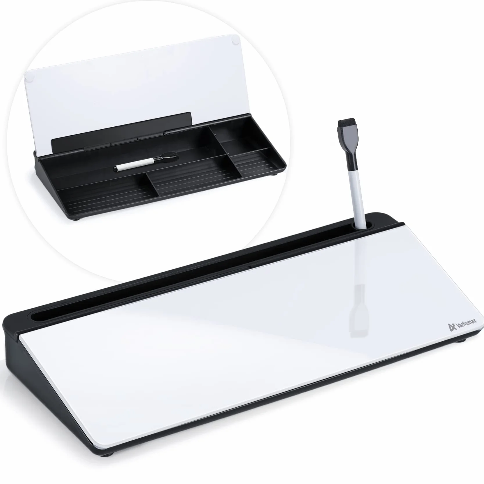 Varhomax Tableau blanc de bureau en verre avec rangement, organiseur de bureau, liste de tâches, bloc-notes effaçable à sec